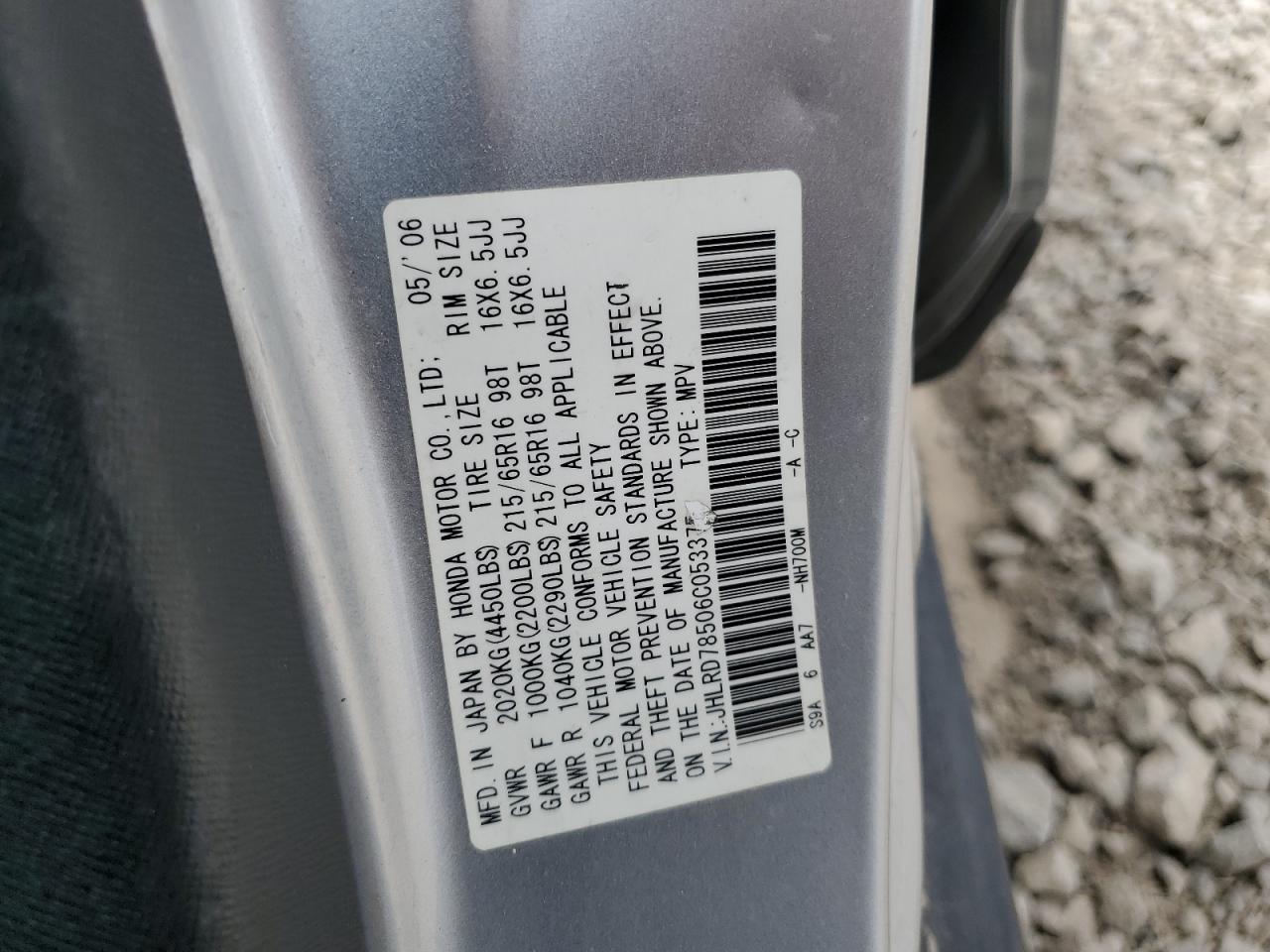 2006 Honda Cr-V Lx VIN: JHLRD78506C053375 Lot: 57405054