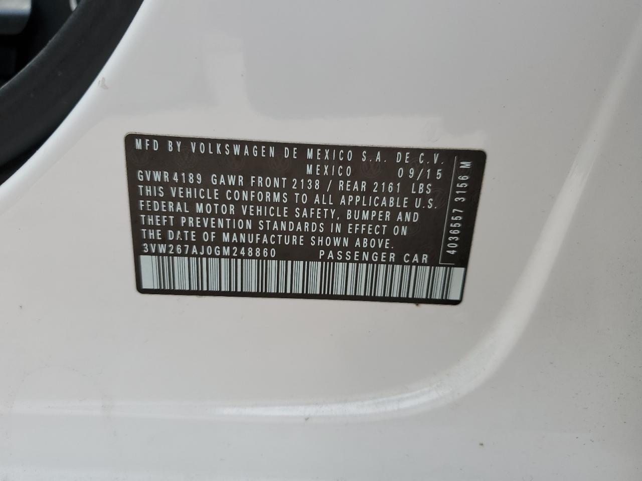 2016 Volkswagen Jetta S VIN: 3VW267AJ0GM248860 Lot: 61029944