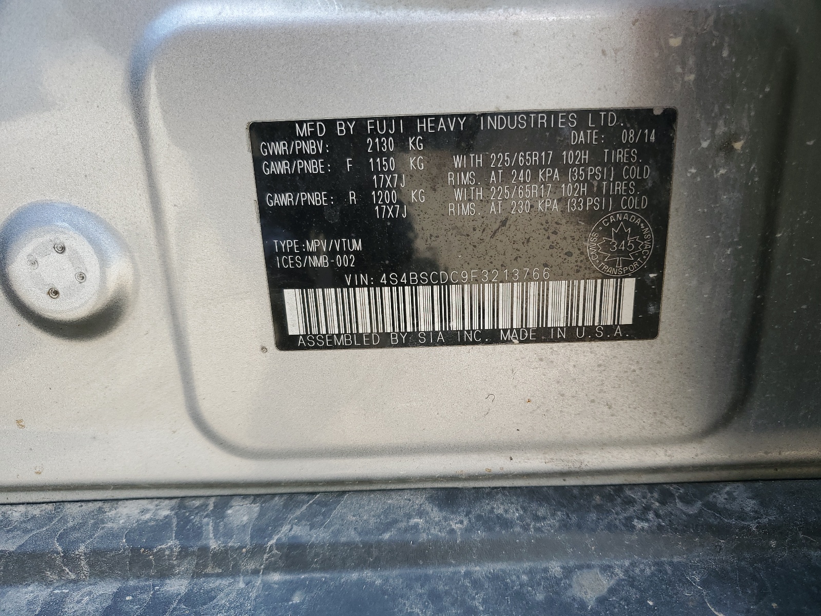 4S4BSCDC9F3213766 2015 Subaru Outback 2.5I Premium