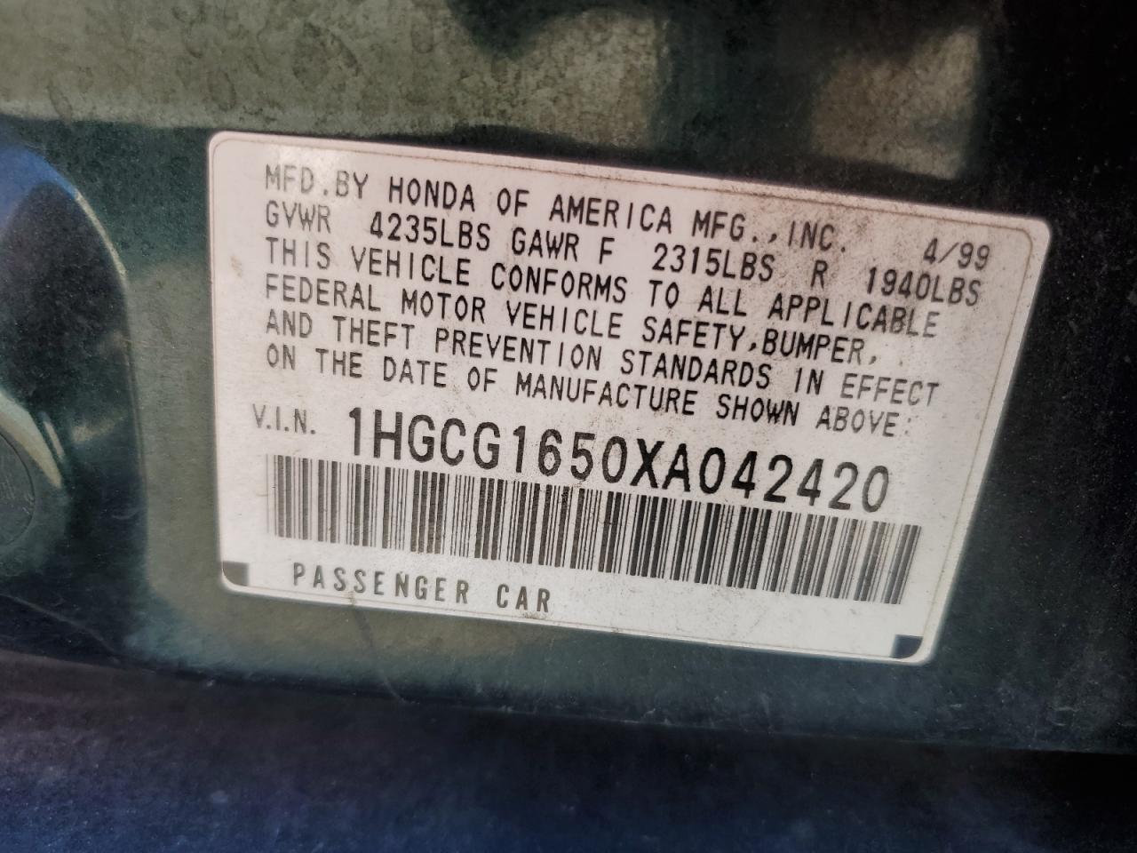 1999 Honda Accord Ex VIN: 1HGCG1650XA042420 Lot: 60548214