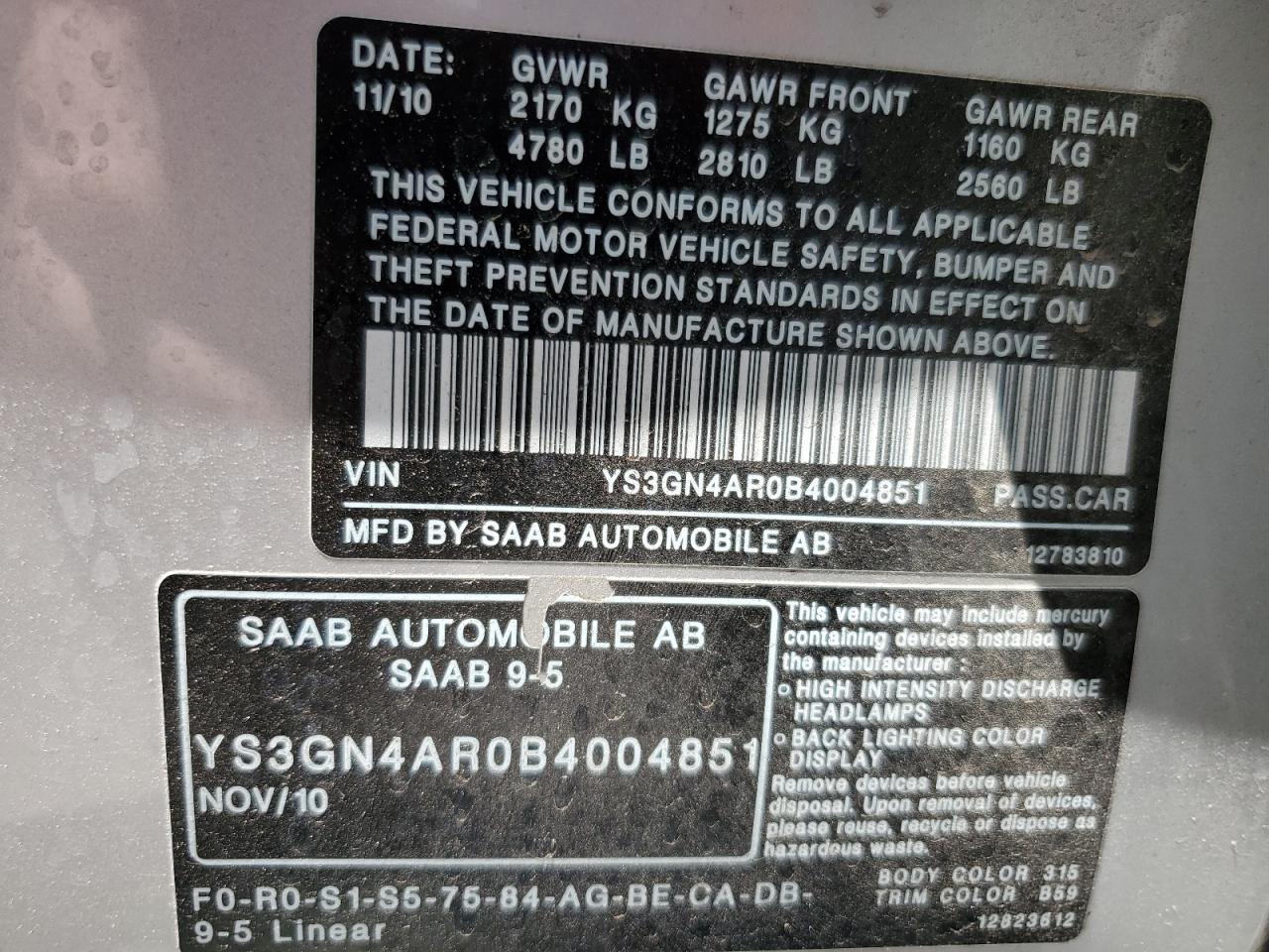 YS3GN4AR0B4004851 2011 Saab 9-5 Turbo