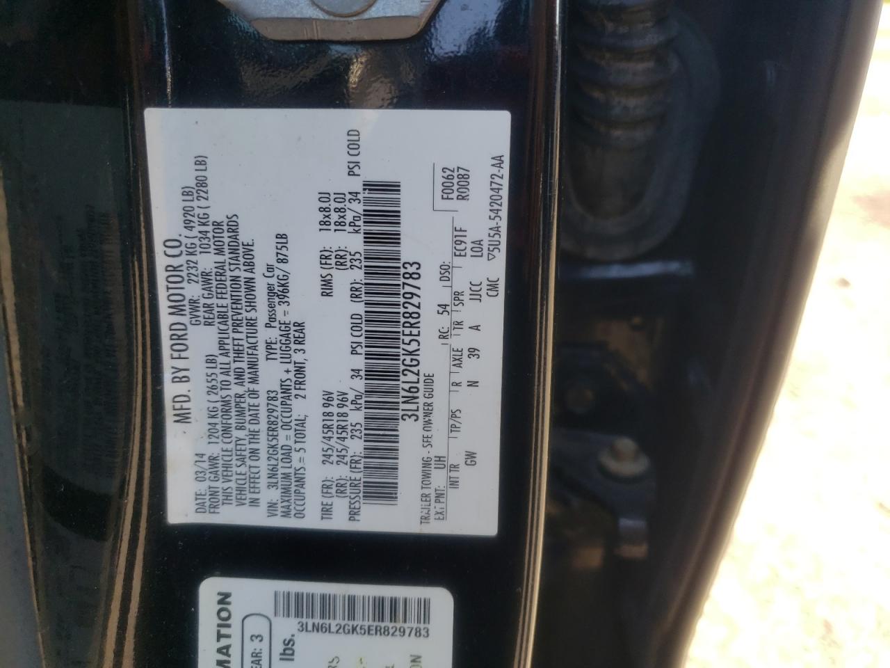 2014 Lincoln Mkz VIN: 3LN6L2GK5ER829783 Lot: 59853484