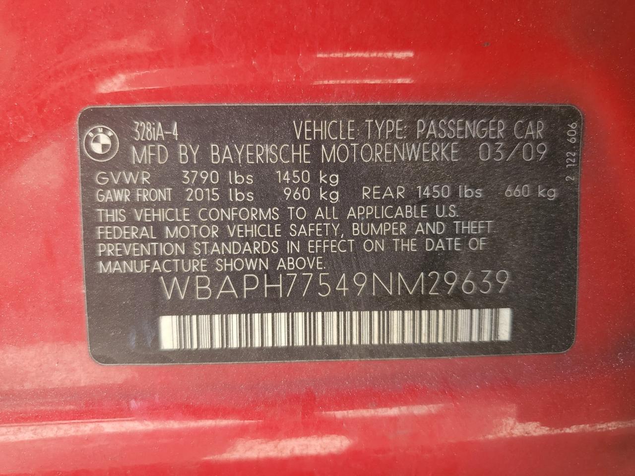 2009 BMW 328 I VIN: WBAPH77549NM29639 Lot: 57628004