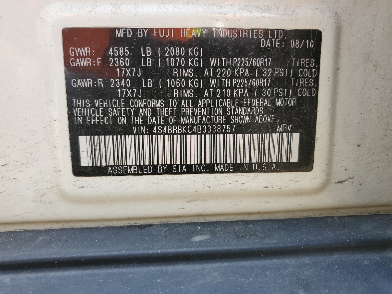 4S4BRBKC4B3338757 2011 Subaru Outback 2.5I Limited