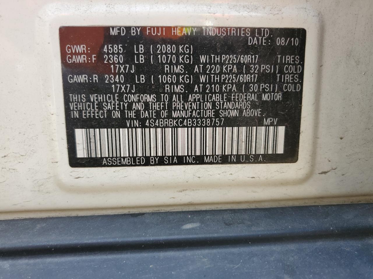 2011 Subaru Outback 2.5I Limited VIN: 4S4BRBKC4B3338757 Lot: 58876894