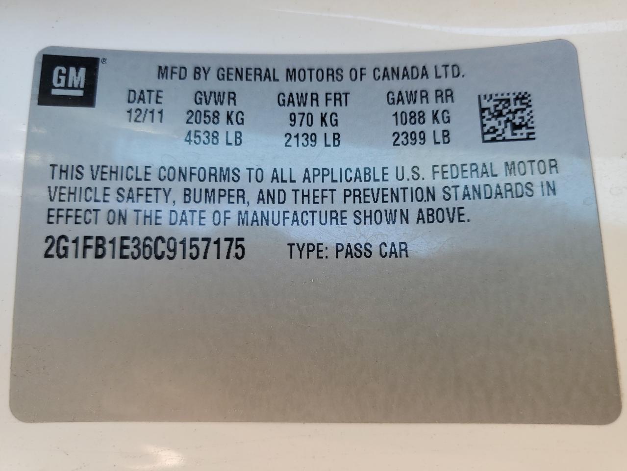 2012 Chevrolet Camaro Lt VIN: 2G1FB1E36C9157175 Lot: 60000654