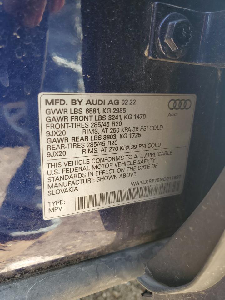 2022 Audi Q7 Premium Plus VIN: WA1LXBF75ND011997 Lot: 59895784