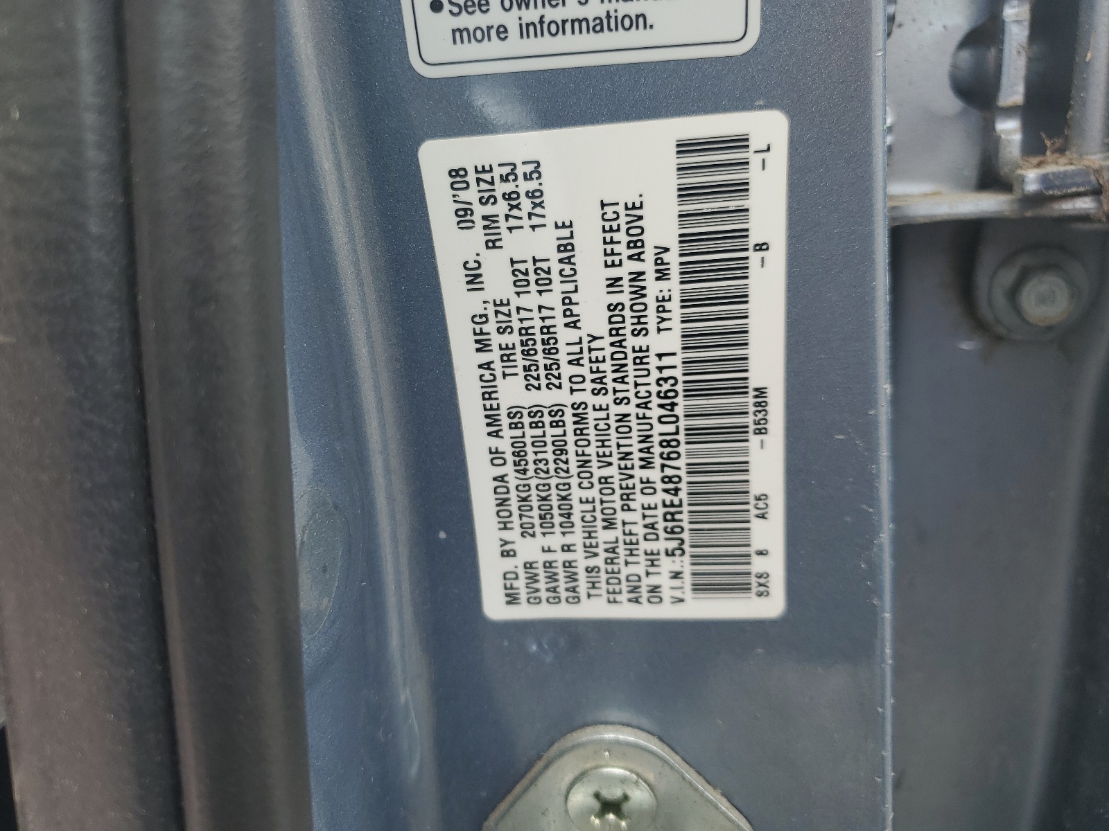 5J6RE48768L046311 2008 Honda Cr-V Exl