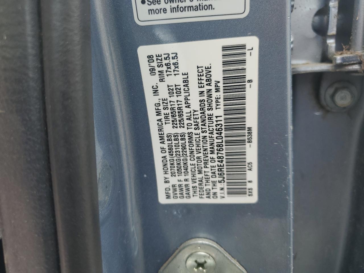 2008 Honda Cr-V Exl VIN: 5J6RE48768L046311 Lot: 60412174