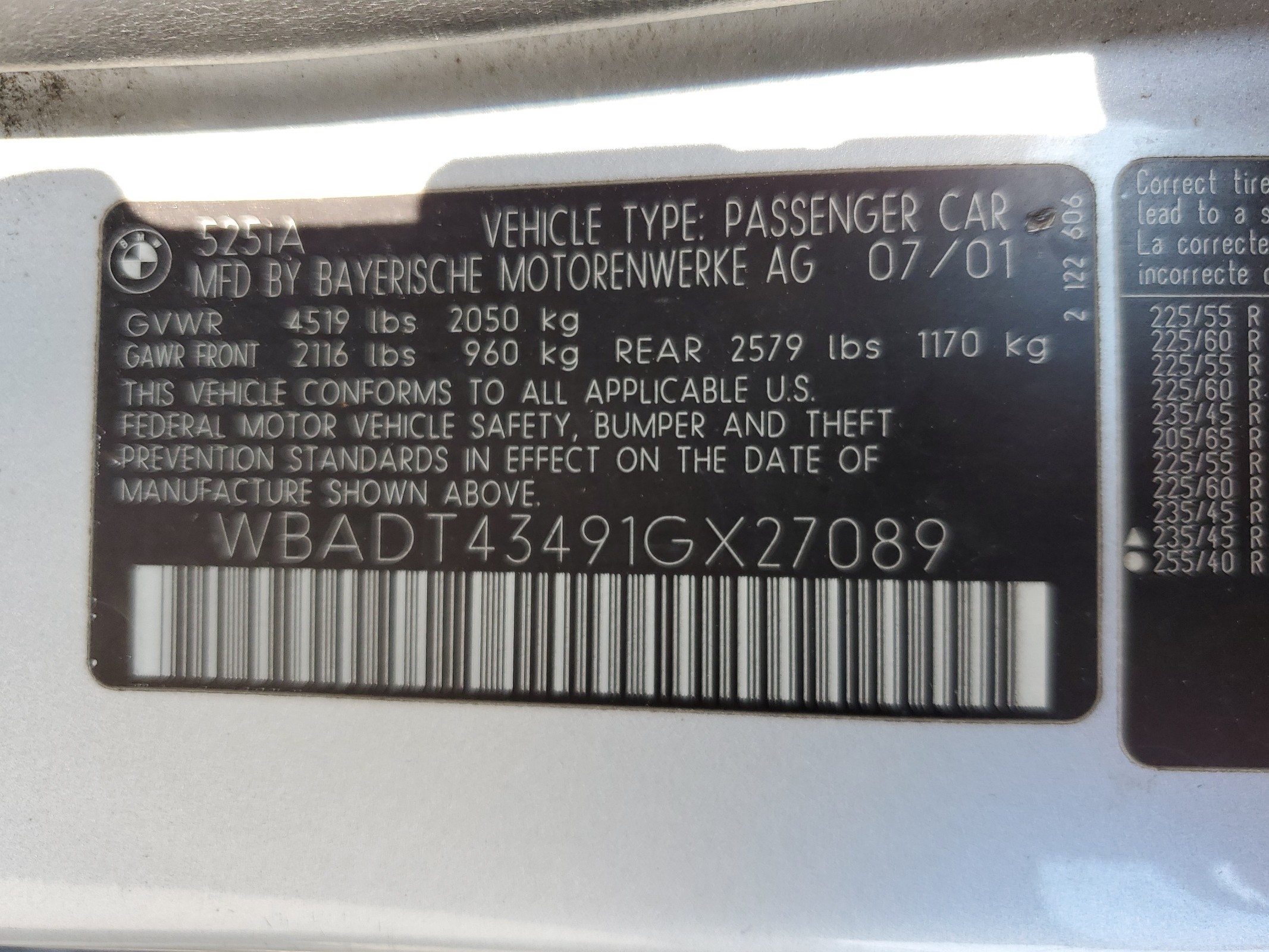 WBADT43491GX27089 2001 BMW 525 I Automatic
