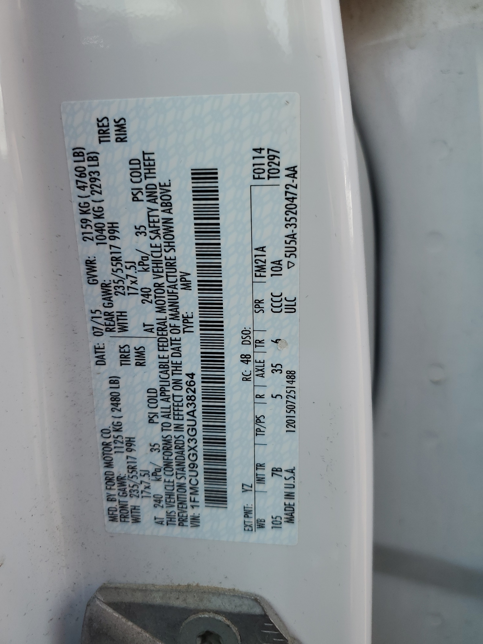 1FMCU9GX3GUA38264 2016 Ford Escape Se