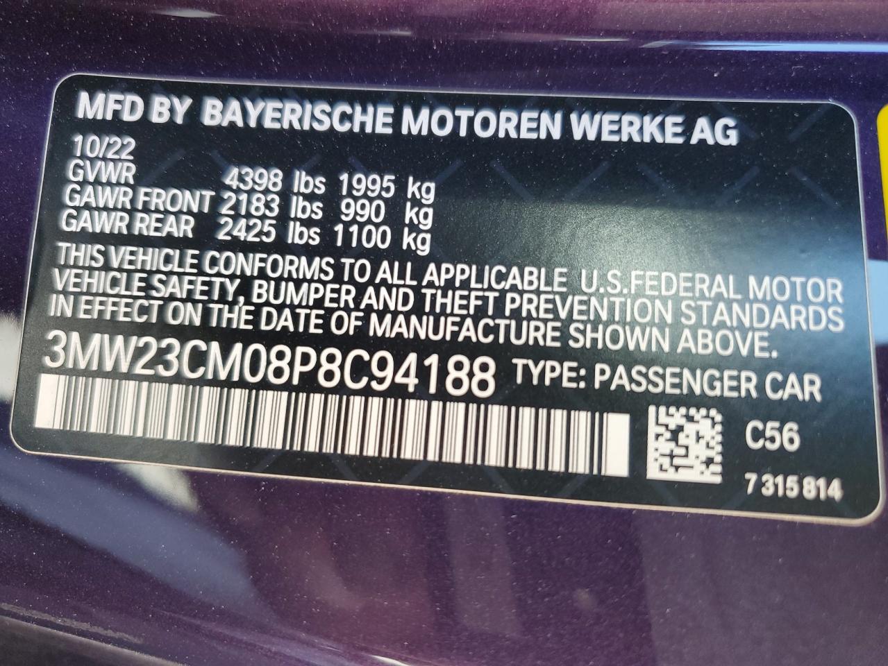 2023 BMW 230I VIN: 3MW23CM08P8C94188 Lot: 59072934