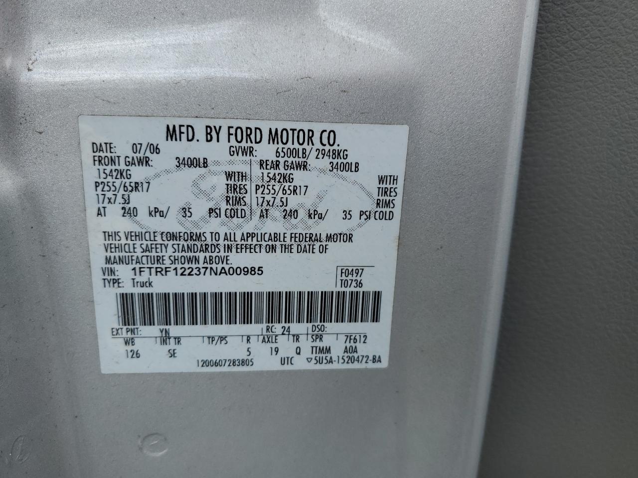 2007 Ford F150 VIN: 1FTRF12237NA00985 Lot: 57927534