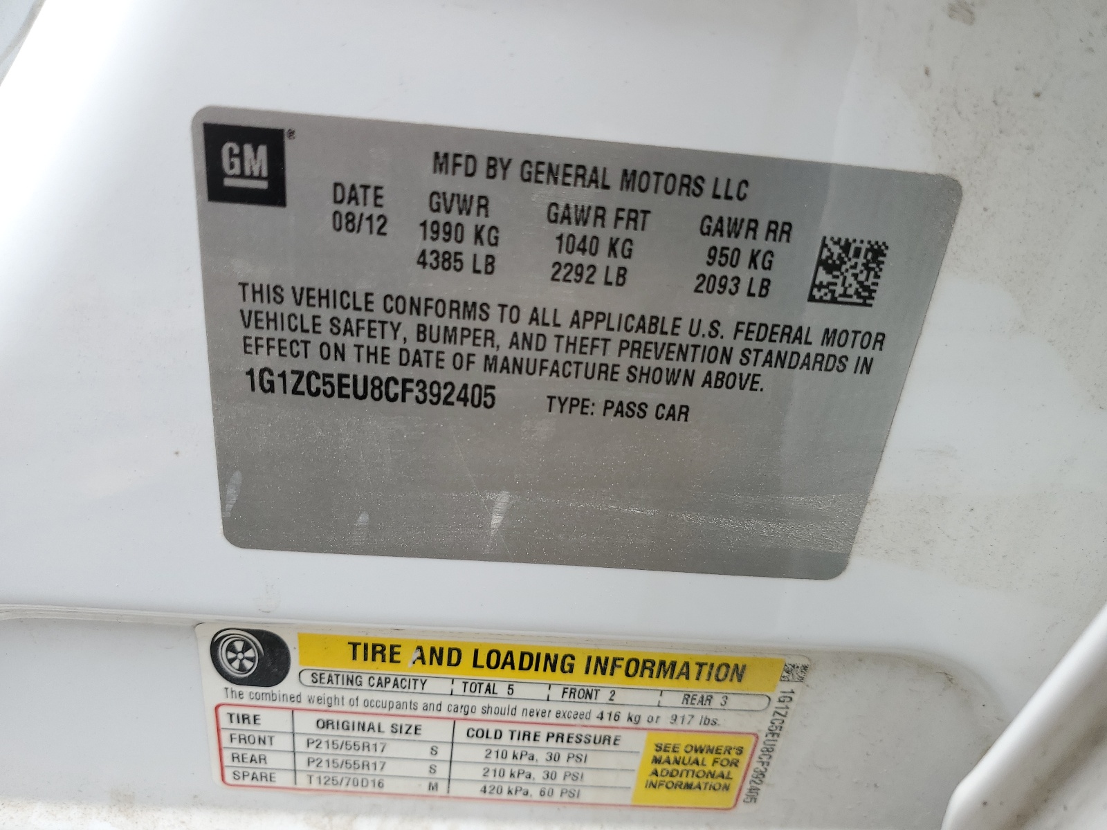 1G1ZC5EU8CF392405 2012 Chevrolet Malibu 1Lt