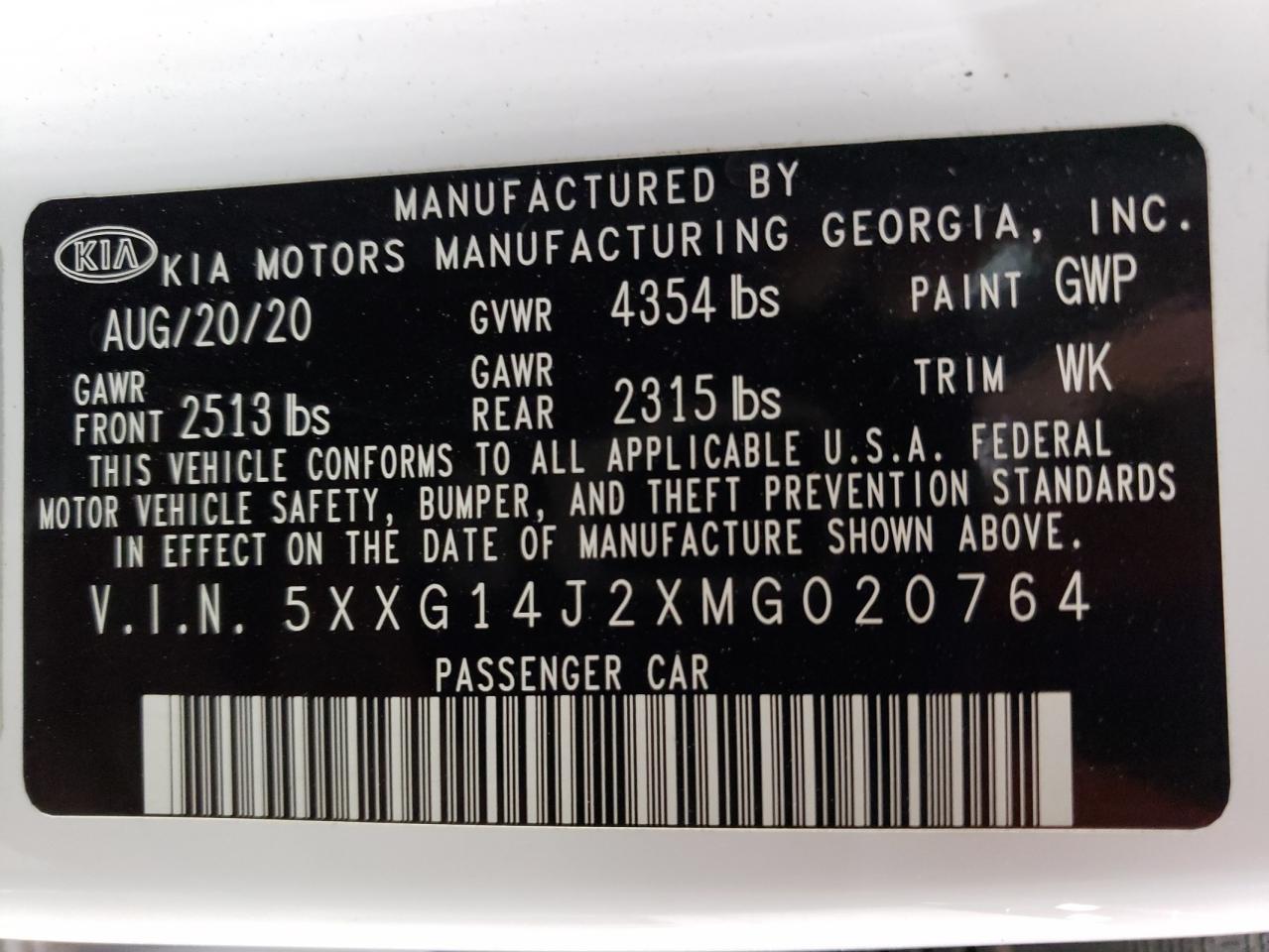 2021 Kia K5 Lxs VIN: 5XXG14J2XMG020764 Lot: 60394624