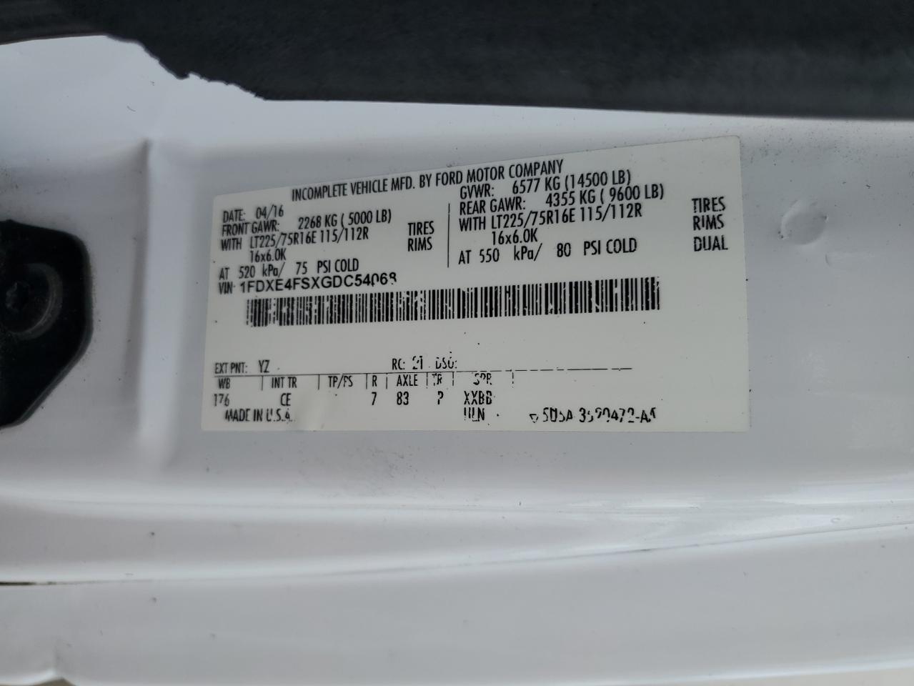 2016 Ford Econoline E450 Super Duty Cutaway Van VIN: 1FDXE4FSXGDC54068 Lot: 59031054