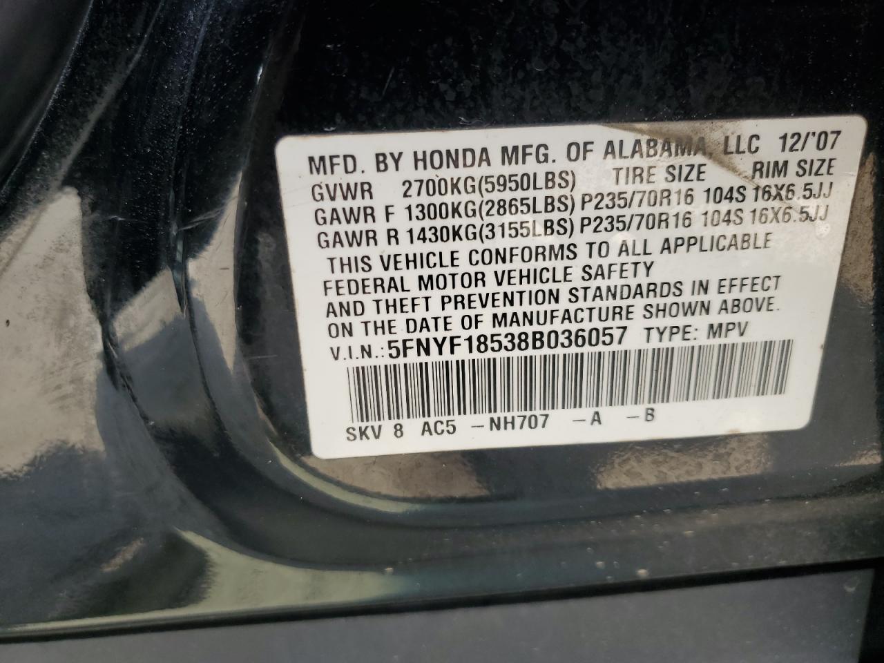 5FNYF18538B036057 2008 Honda Pilot Exl