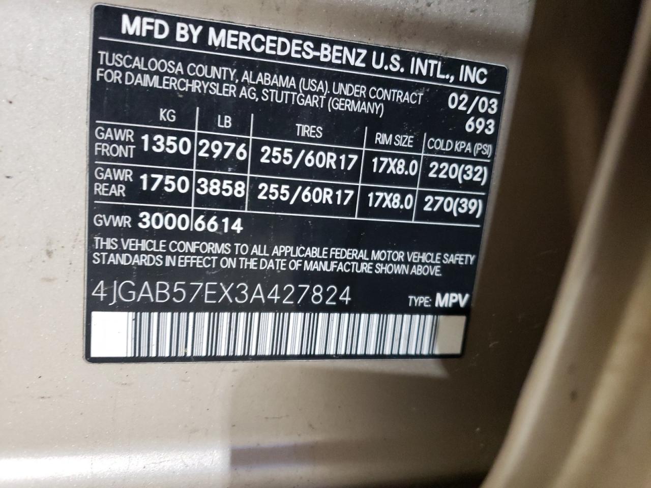 2003 Mercedes-Benz Ml 350 VIN: 4JGAB57EX3A427824 Lot: 59028074