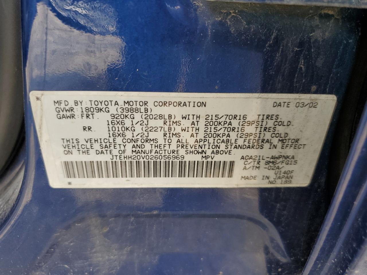 2002 Toyota Rav4 VIN: JTEHH20V026056969 Lot: 59162954