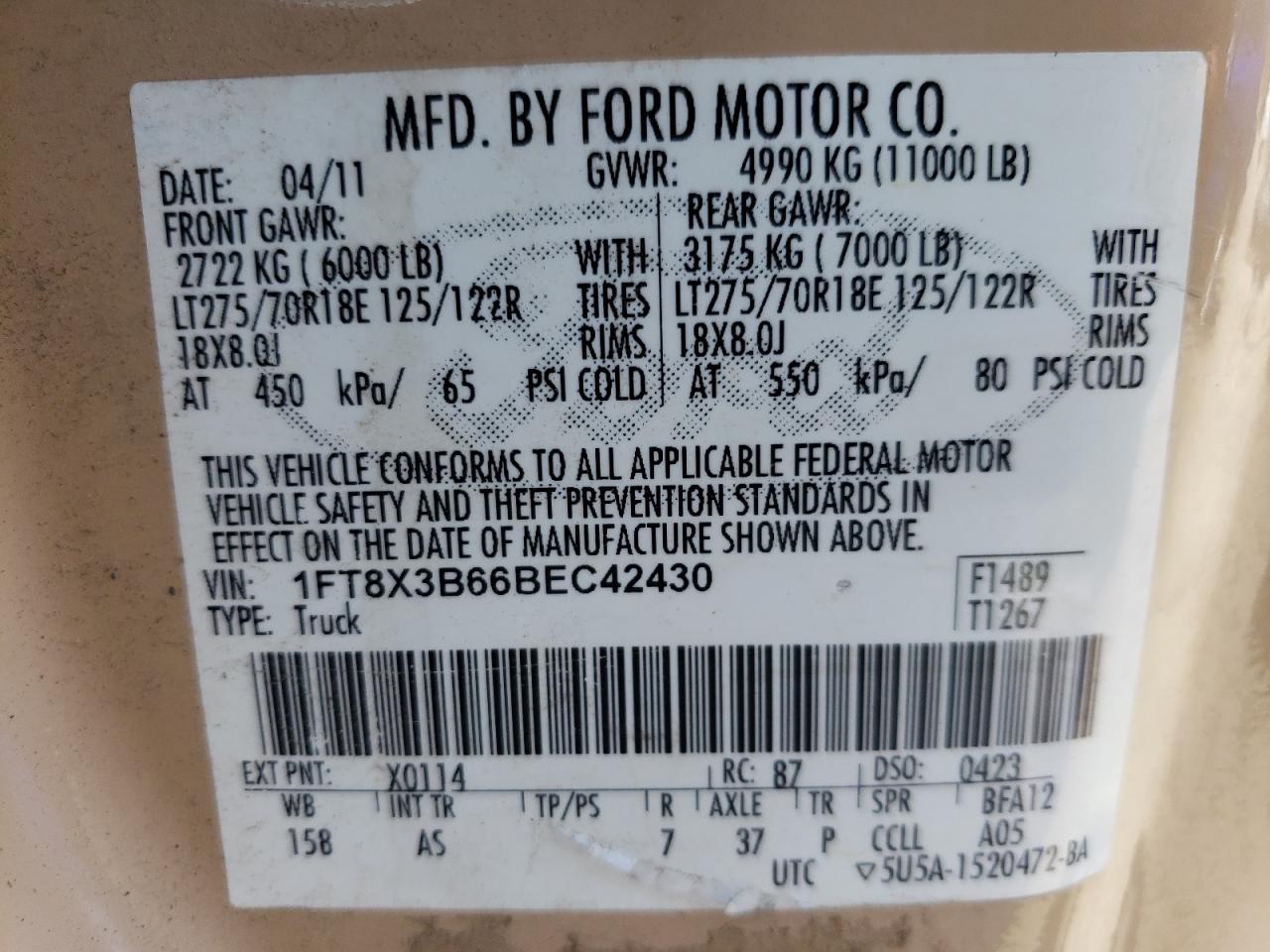 2011 Ford F350 Super Duty VIN: 1FT8X3B66BEC42430 Lot: 58940934