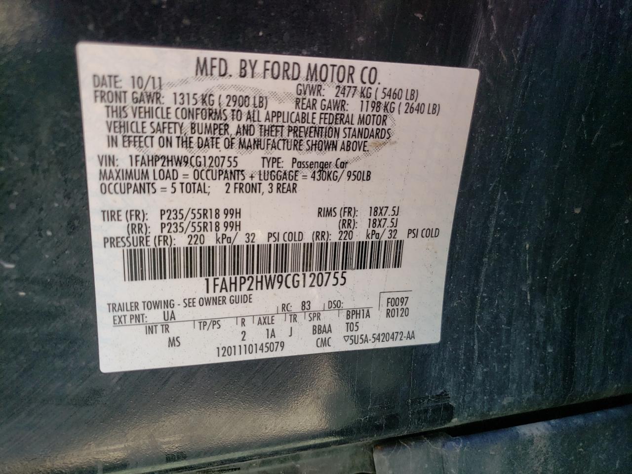 2012 Ford Taurus Sel VIN: 1FAHP2HW9CG120755 Lot: 59982684