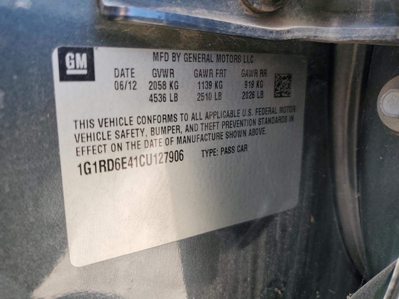 2012 Chevrolet Volt VIN: 1G1RD6E41CU127906 Lot: 57580944