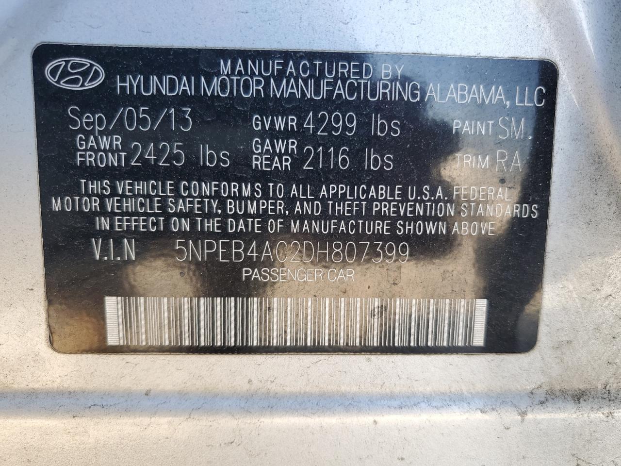 2013 Hyundai Sonata Gls VIN: 5NPEB4AC2DH807399 Lot: 60764274