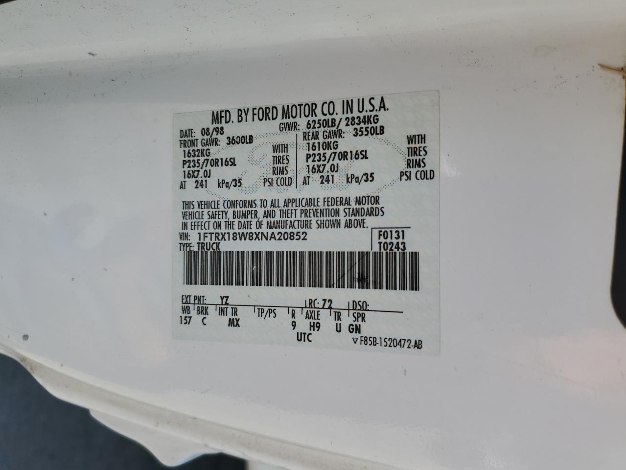 1999 Ford F150 VIN: 1FTRX18W8XNA20852 Lot: 58622004