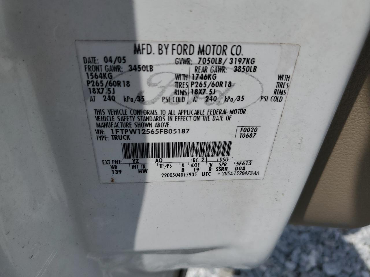 2005 Ford F150 Supercrew VIN: 1FTPW12565FB05187 Lot: 60118544