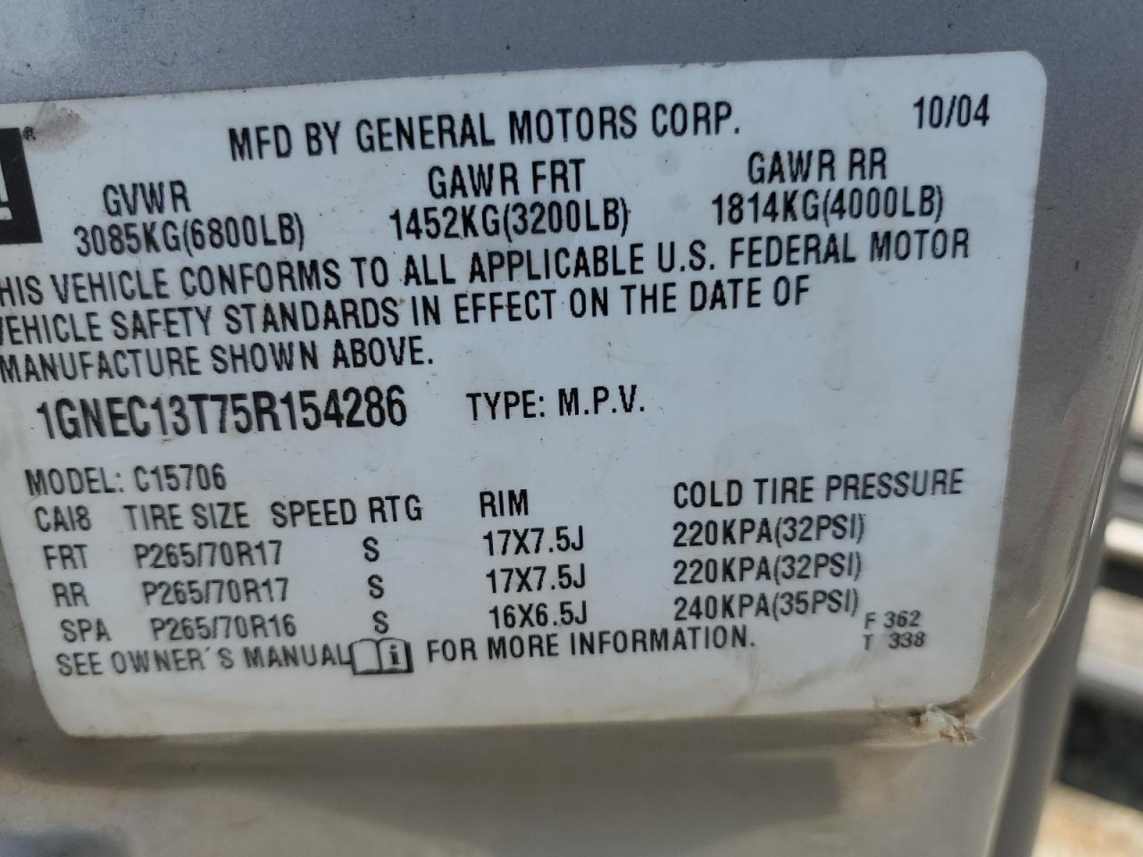 2005 Chevrolet Tahoe C1500 VIN: 1GNEC13T75R154286 Lot: 54492164