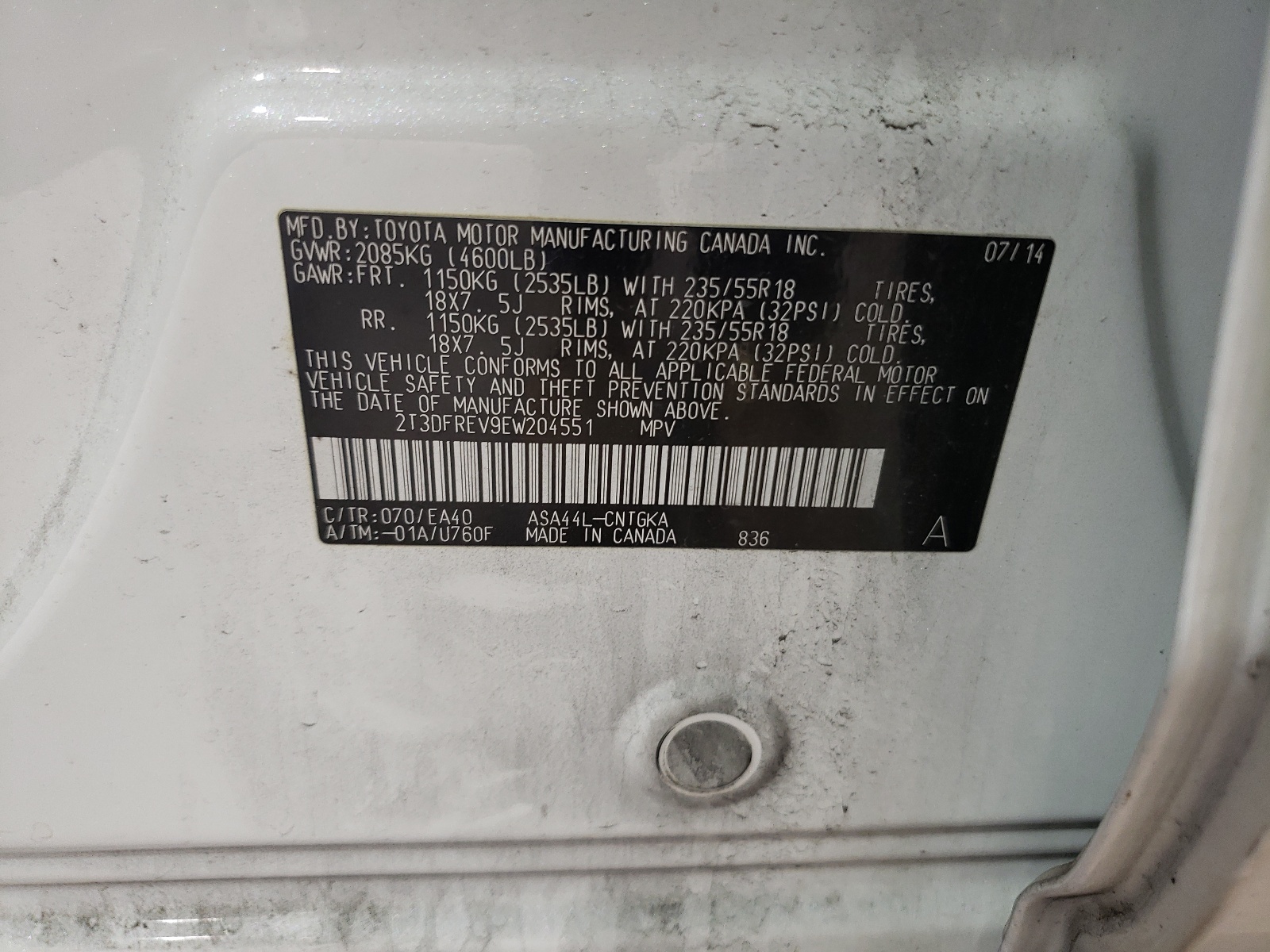 2T3DFREV9EW204551 2014 Toyota Rav4 Limited