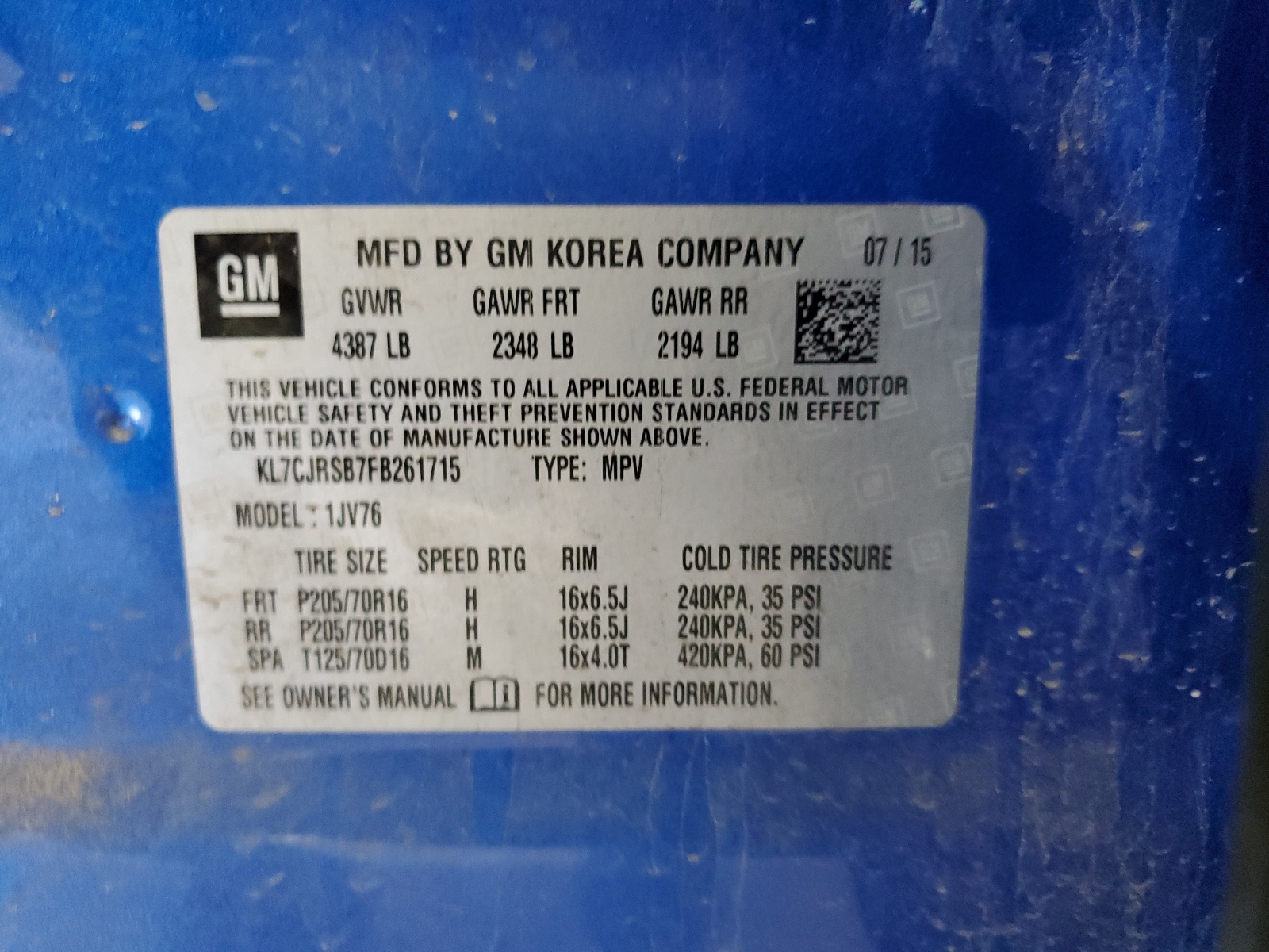 KL7CJRSB7FB261715 2015 Chevrolet Trax 1Lt