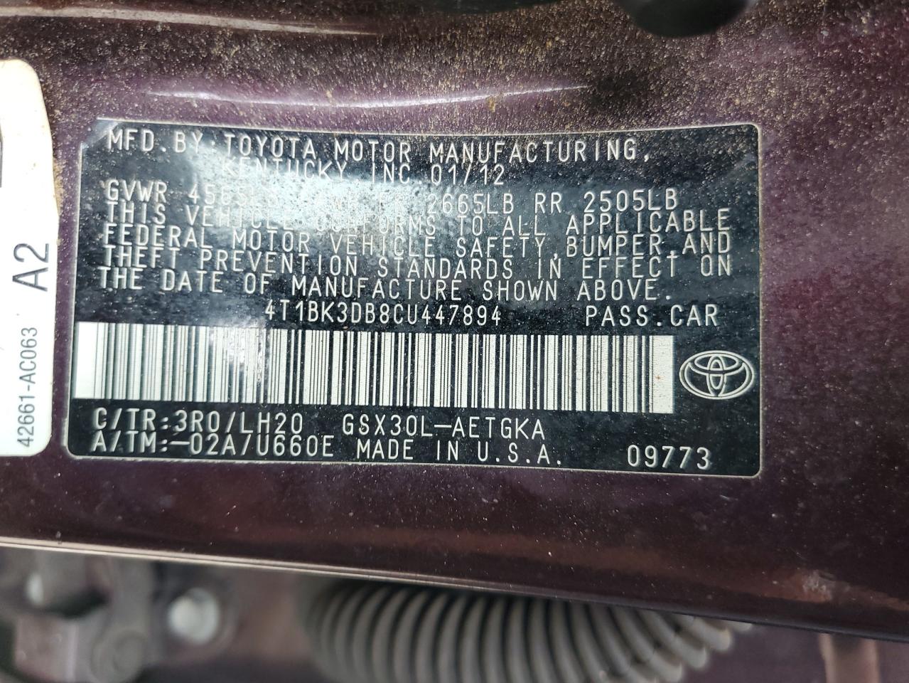 4T1BK3DB8CU447894 2012 Toyota Avalon Base