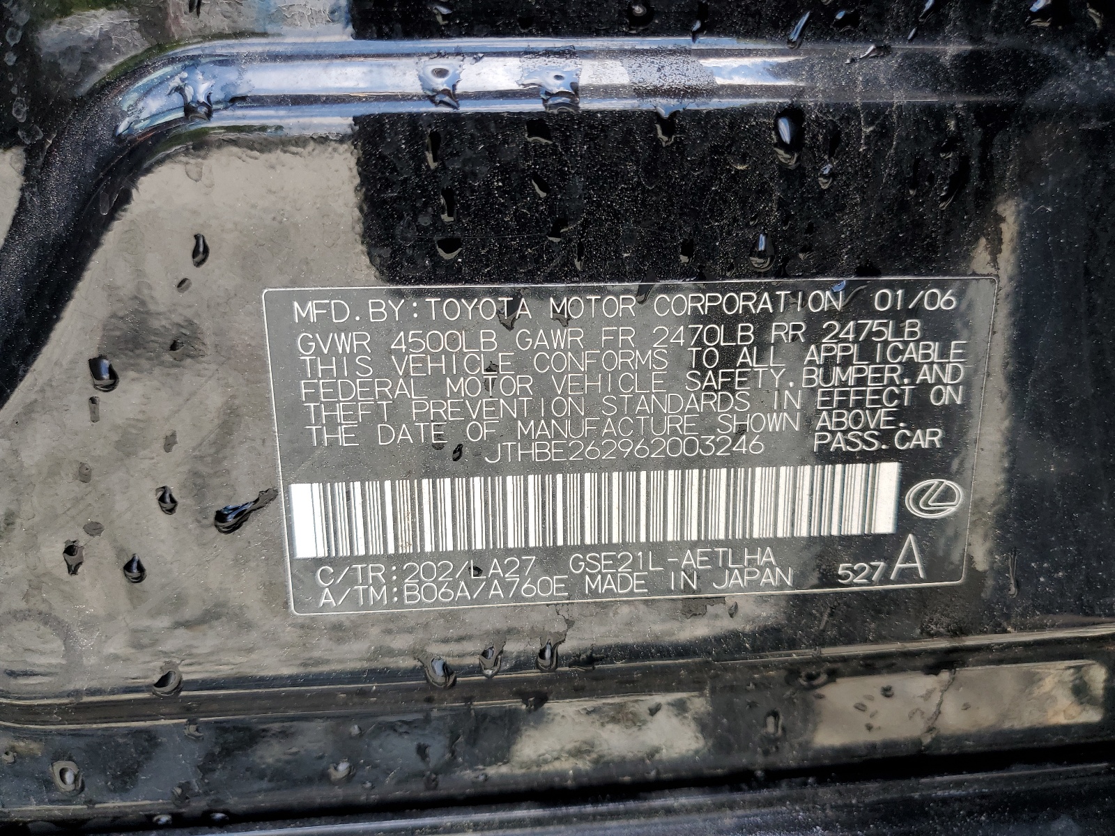 JTHBE262962003246 2006 Lexus Is 350