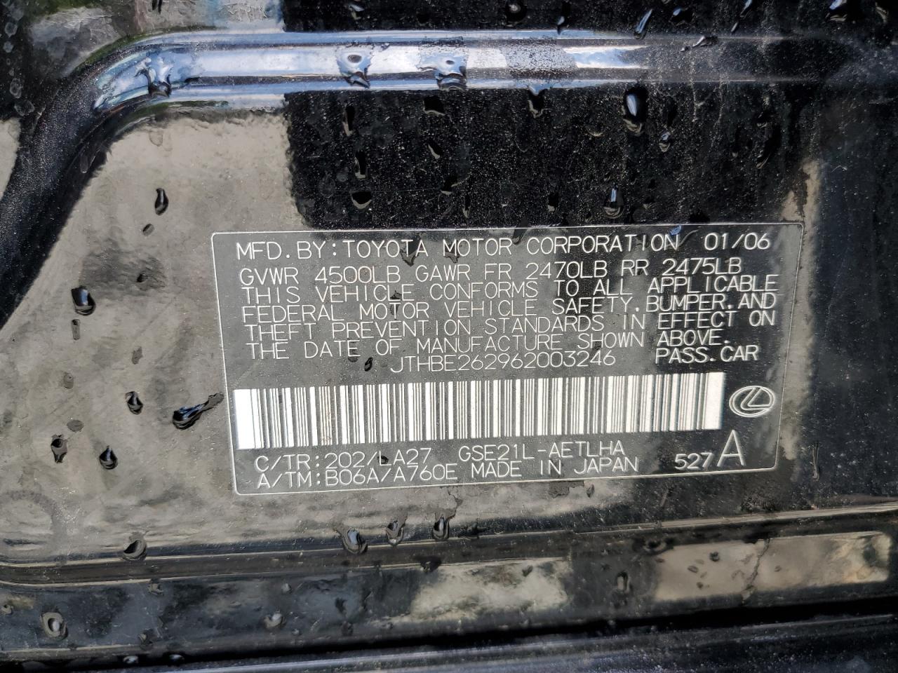 2006 Lexus Is 350 VIN: JTHBE262962003246 Lot: 58848424