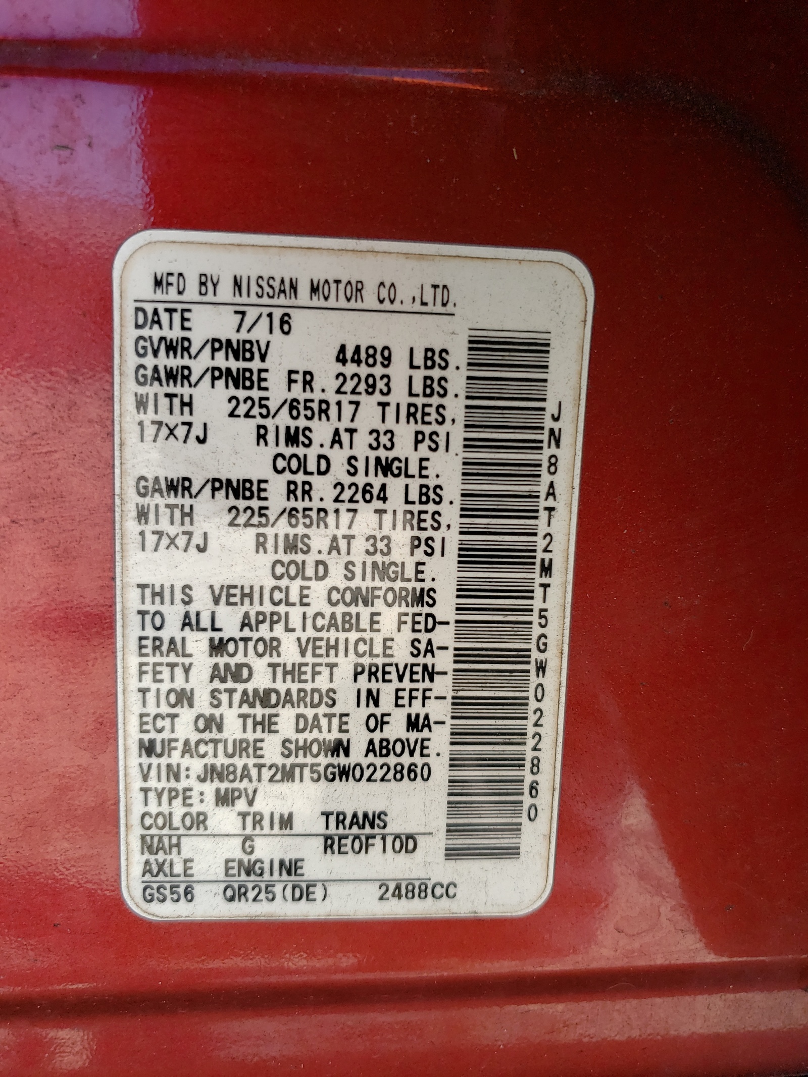 JN8AT2MT5GW022860 2016 Nissan Rogue S