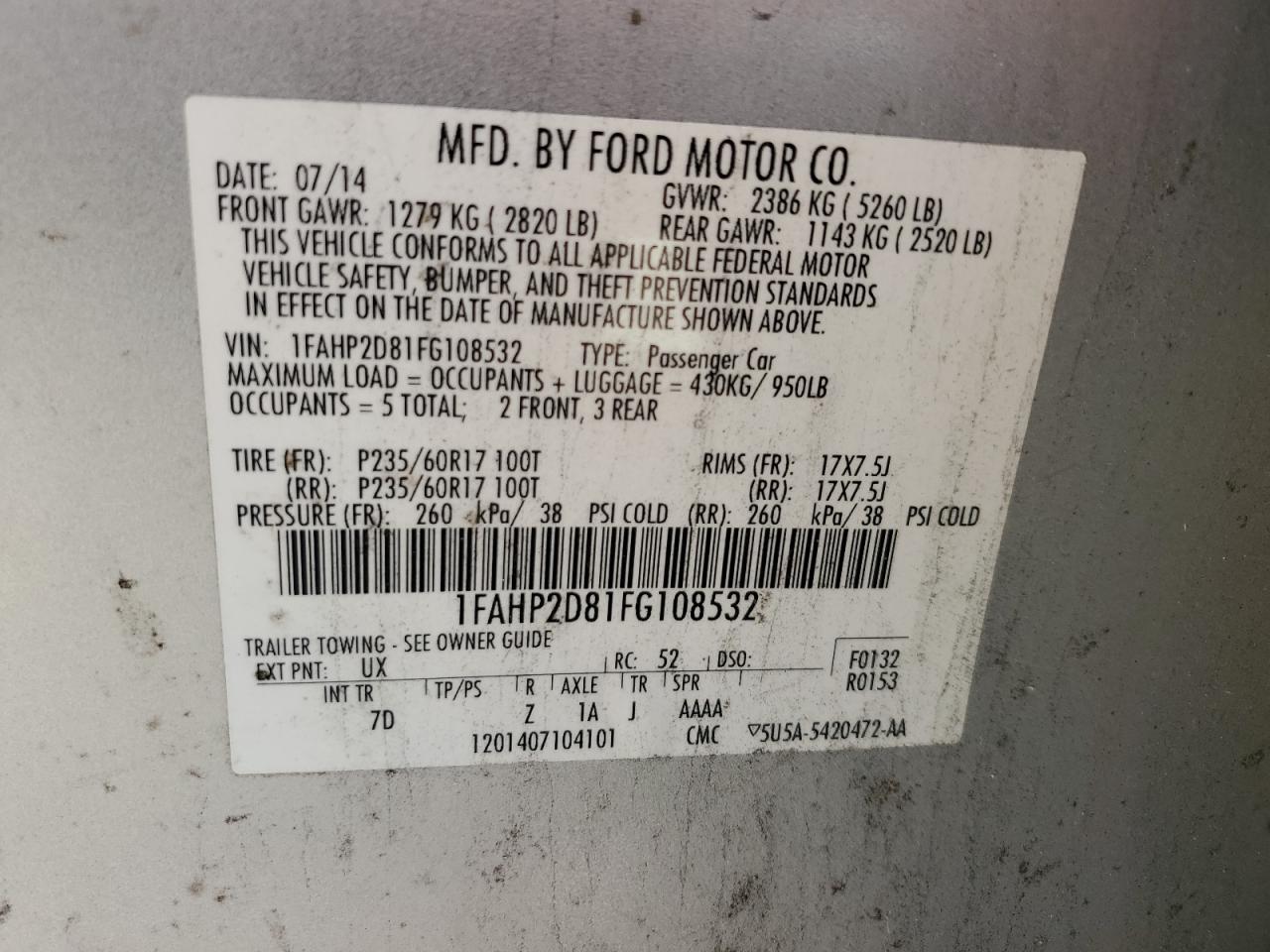 1FAHP2D81FG108532 2015 Ford Taurus Se