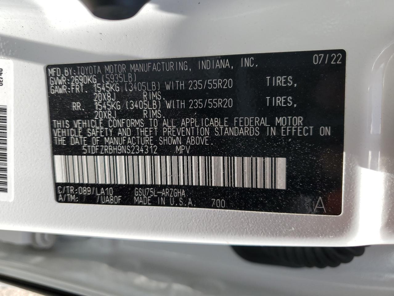 2022 Toyota Highlander Platinum VIN: 5TDFZRBH9NS234312 Lot: 58935384