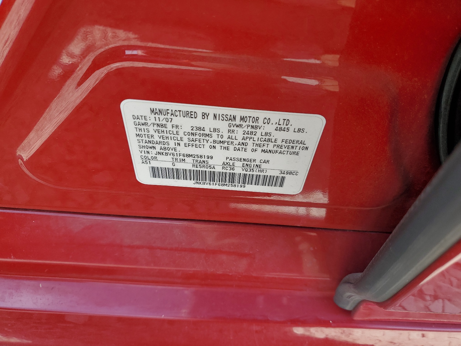 JNKBV61F68M258199 2008 Infiniti G35