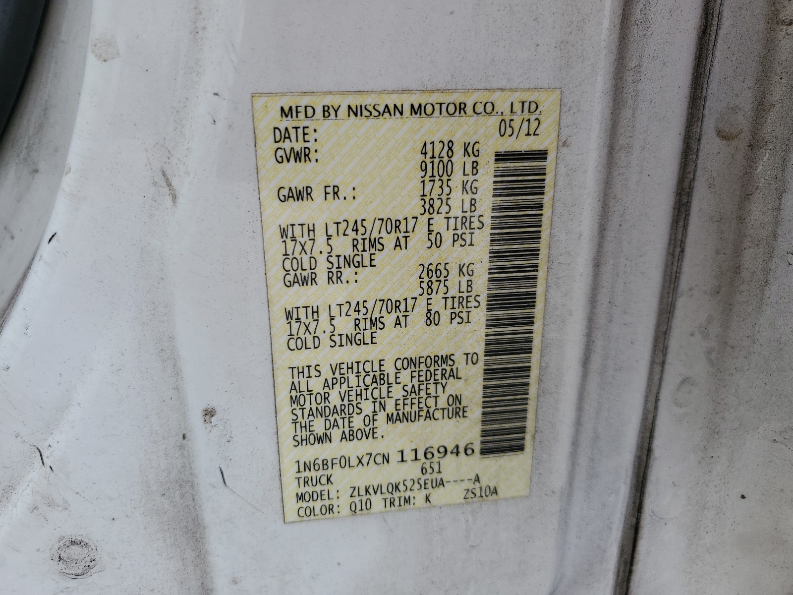 1N6BF0LX7CN116946 2012 Nissan Nv 2500