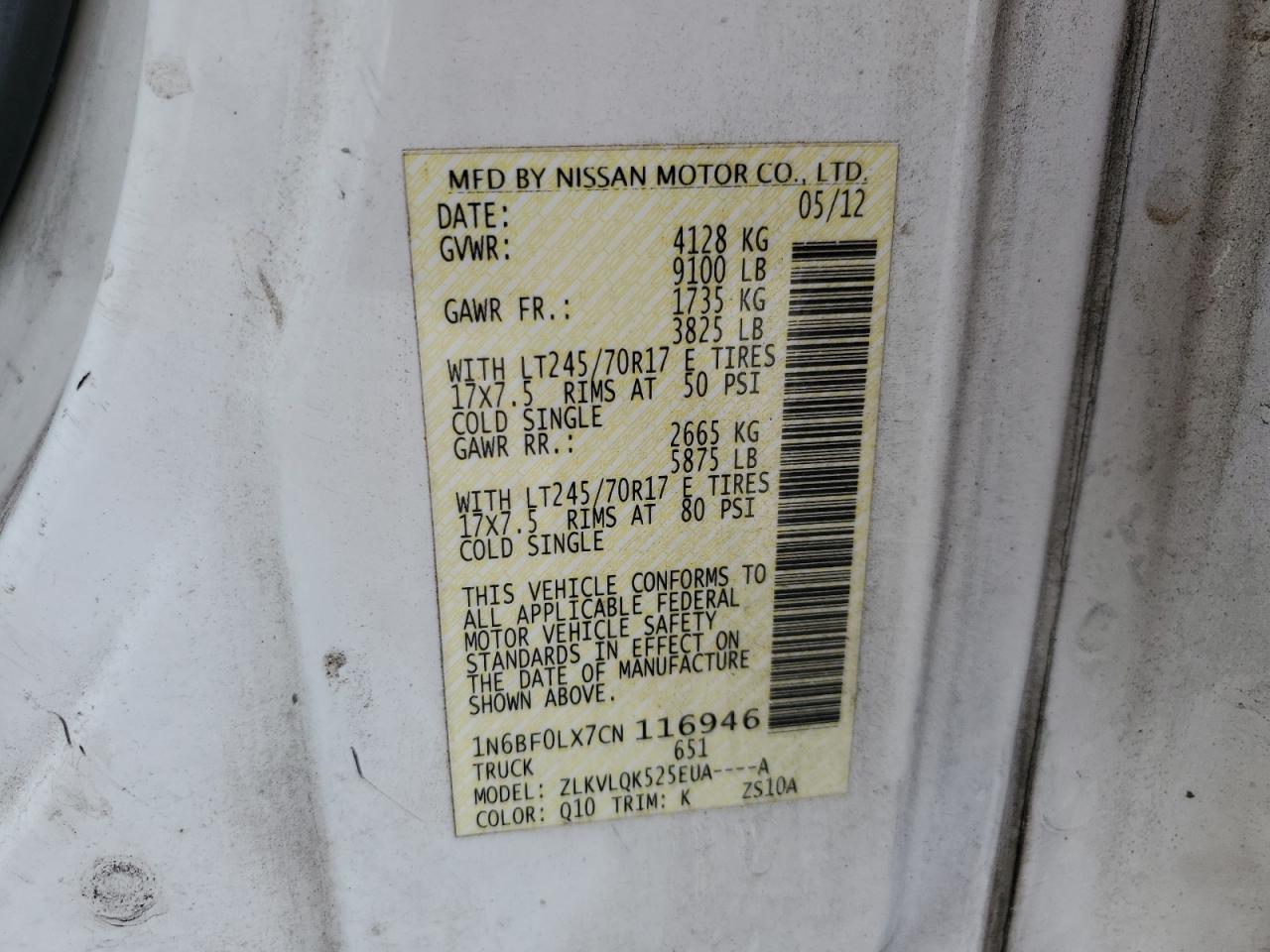 2012 Nissan Nv 2500 VIN: 1N6BF0LX7CN116946 Lot: 59926674