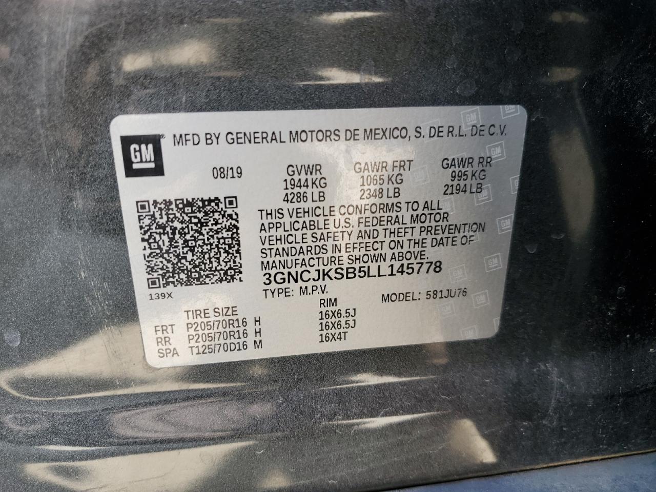 2020 Chevrolet Trax Ls VIN: 3GNCJKSB5LL145778 Lot: 60113074