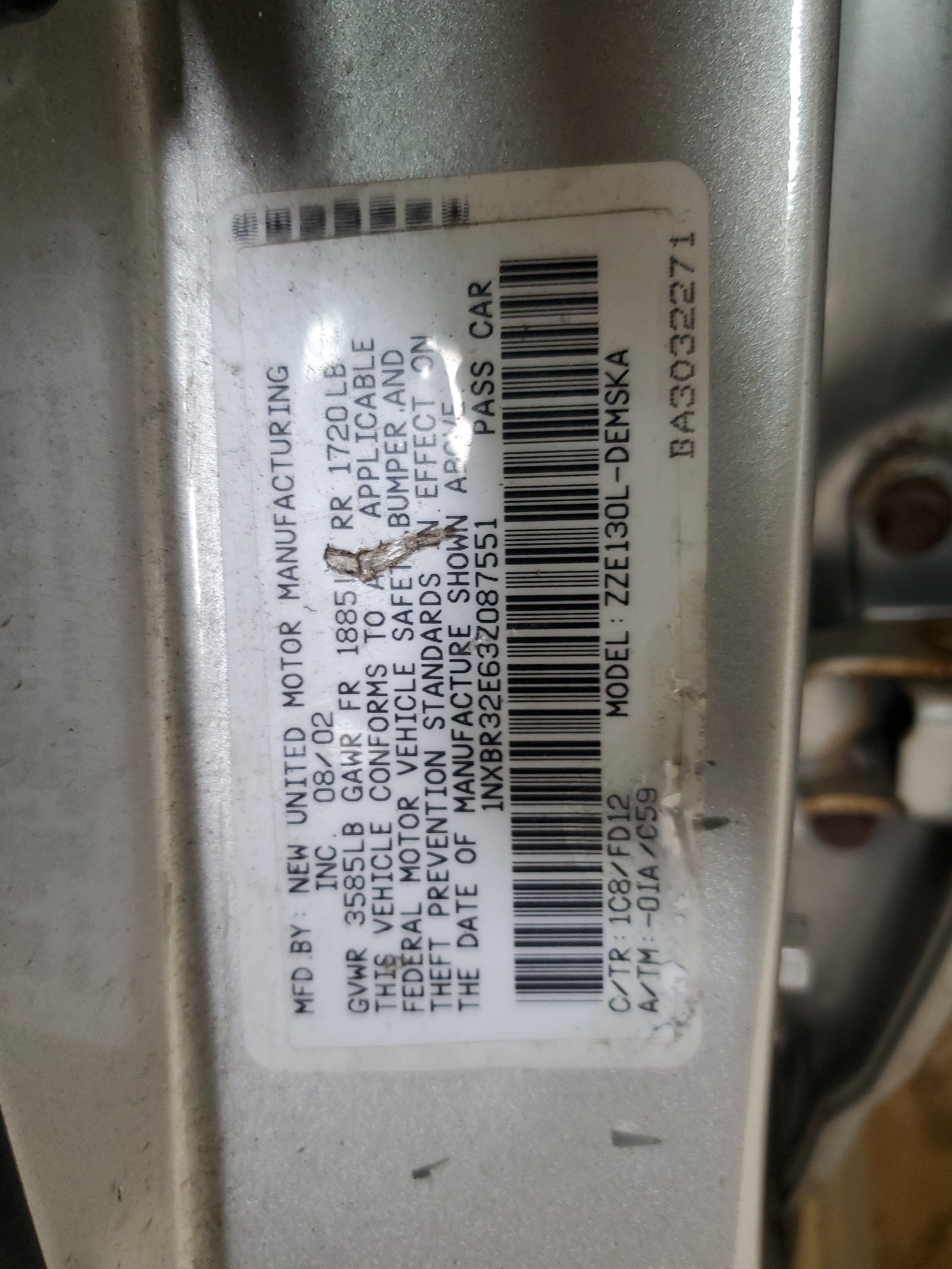 1NXBR32E63Z087551 2003 Toyota Corolla Ce