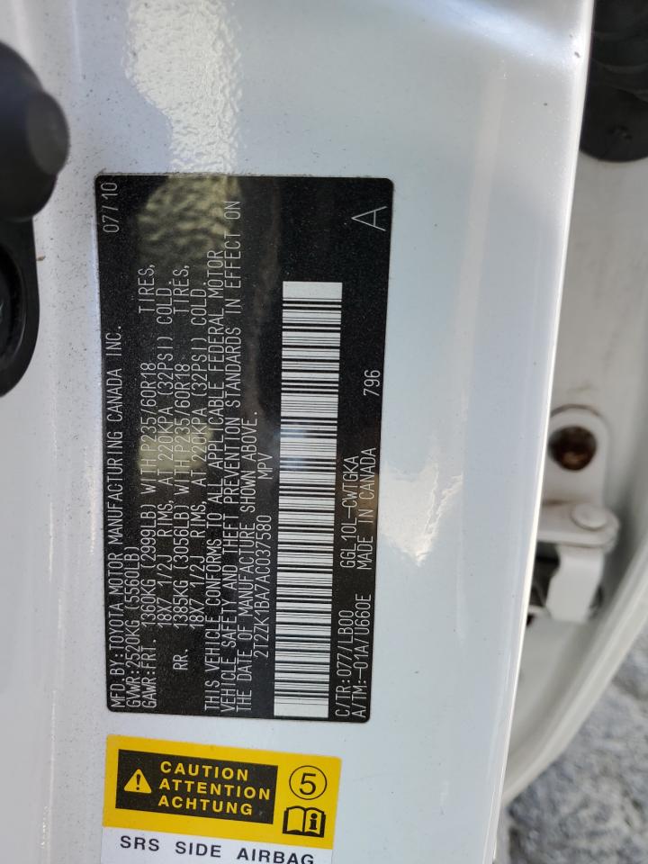 2010 Lexus Rx 350 VIN: 2T2ZK1BA7AC037580 Lot: 59935024