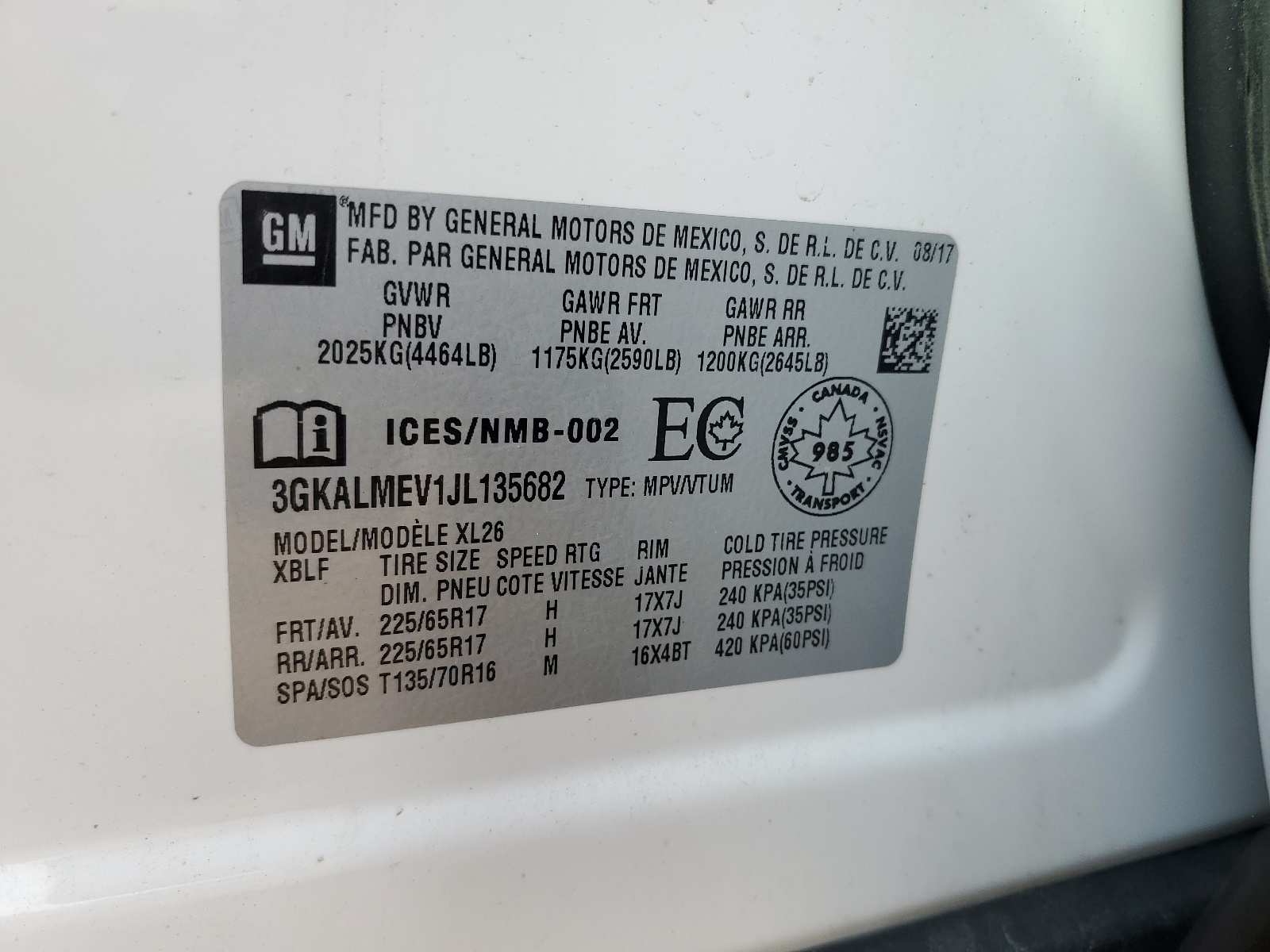 3GKALMEV1JL135682 2018 GMC Terrain Sle