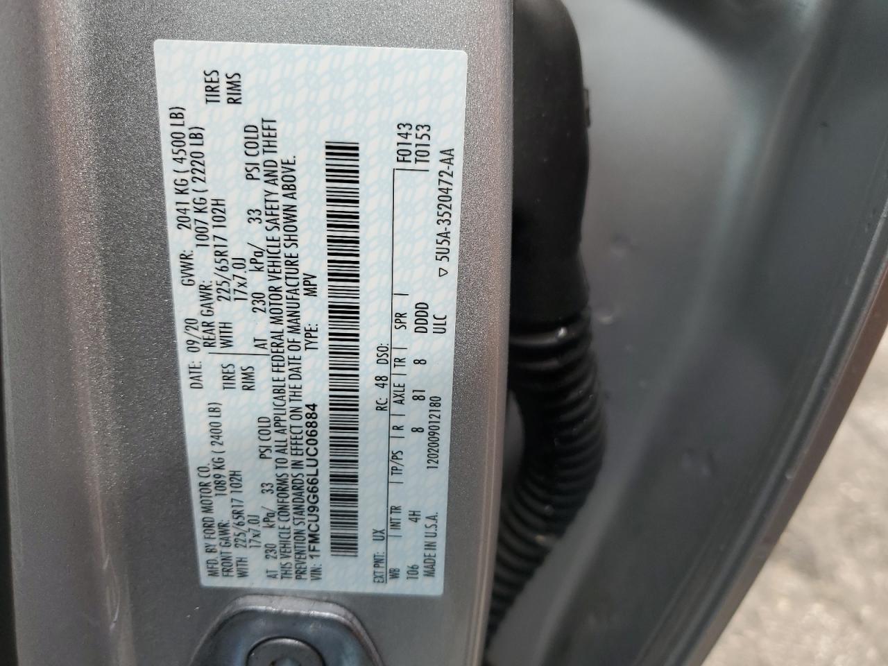 2020 Ford Escape Se VIN: 1FMCU9G66LUC06884 Lot: 57880564