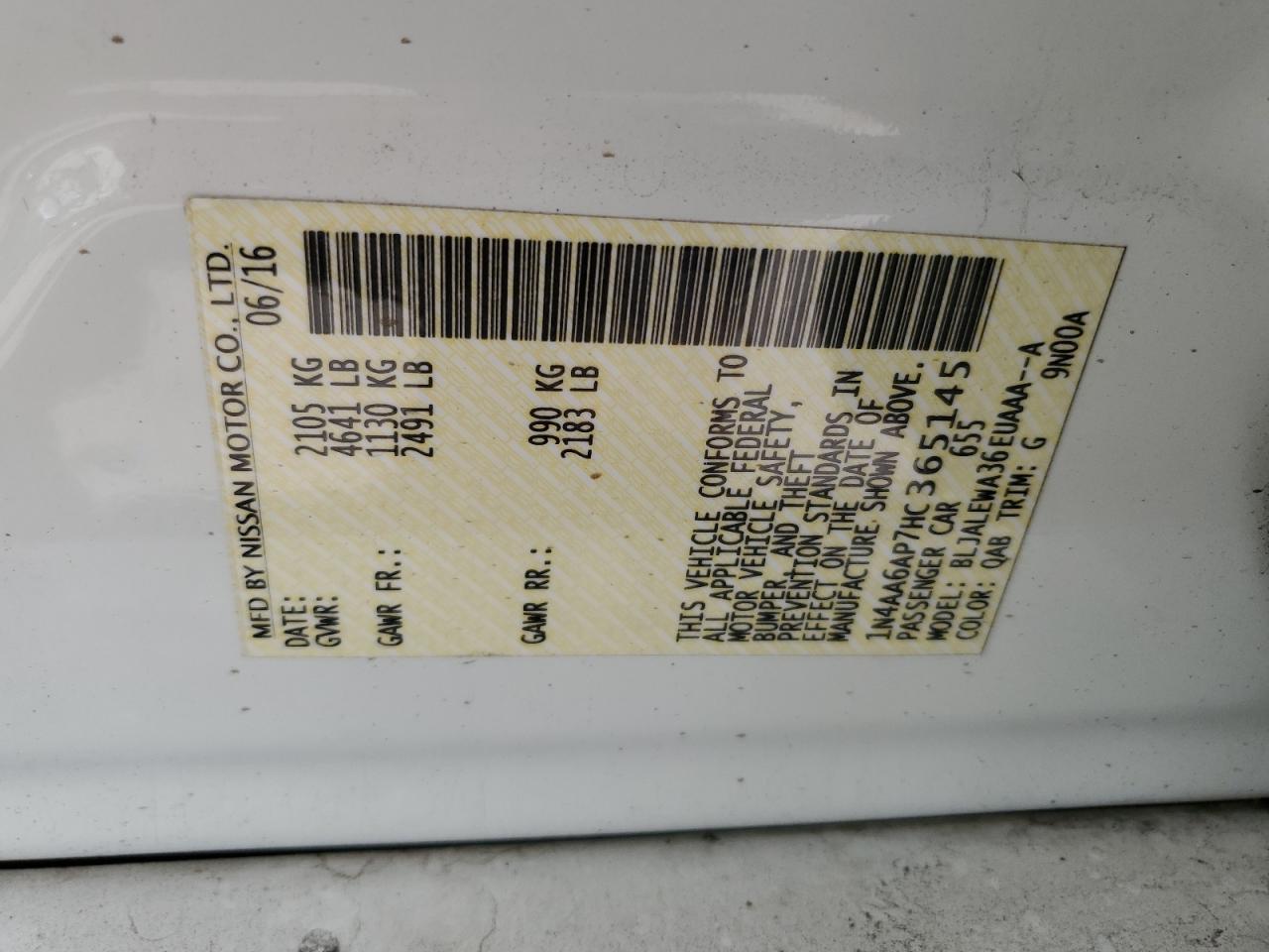 2017 Nissan Maxima 3.5S VIN: 1N4AA6AP7HC365145 Lot: 59267414