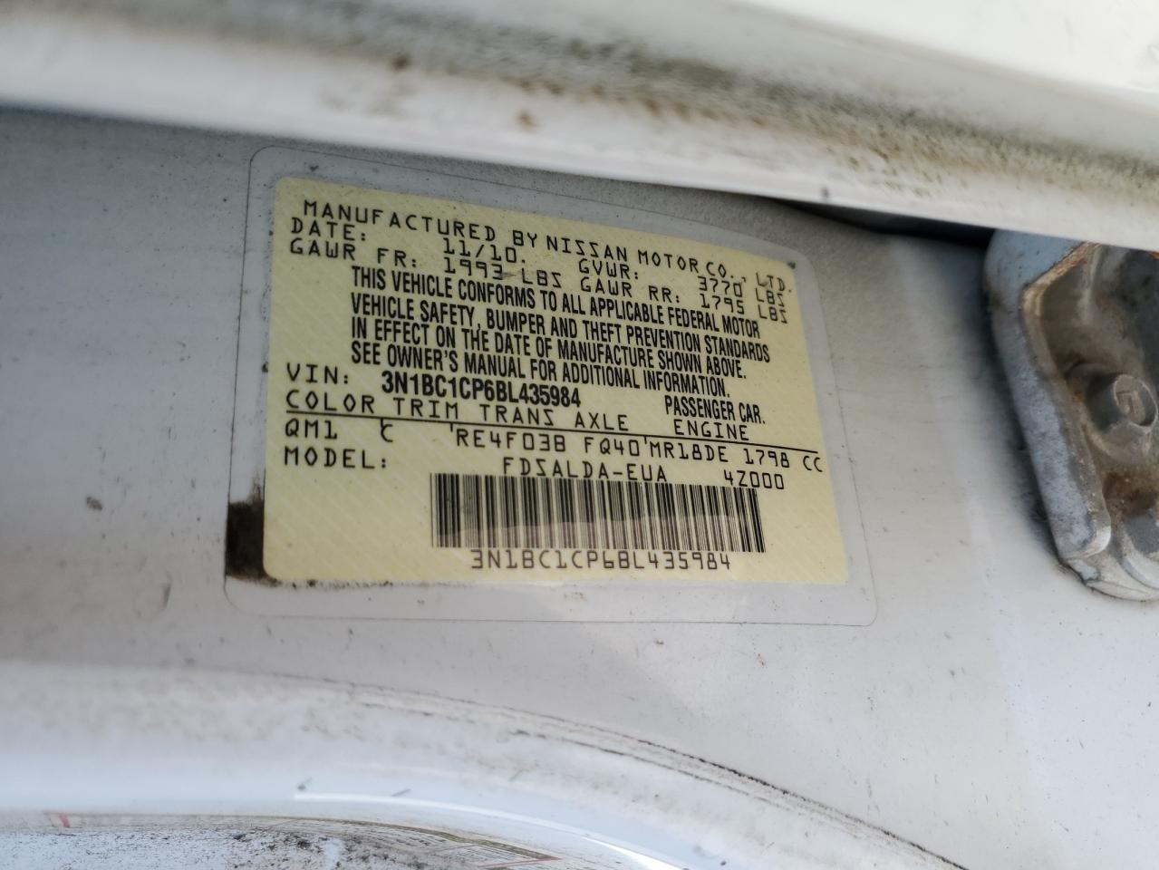 2011 Nissan Versa S VIN: 3N1BC1CP6BL435984 Lot: 58966294