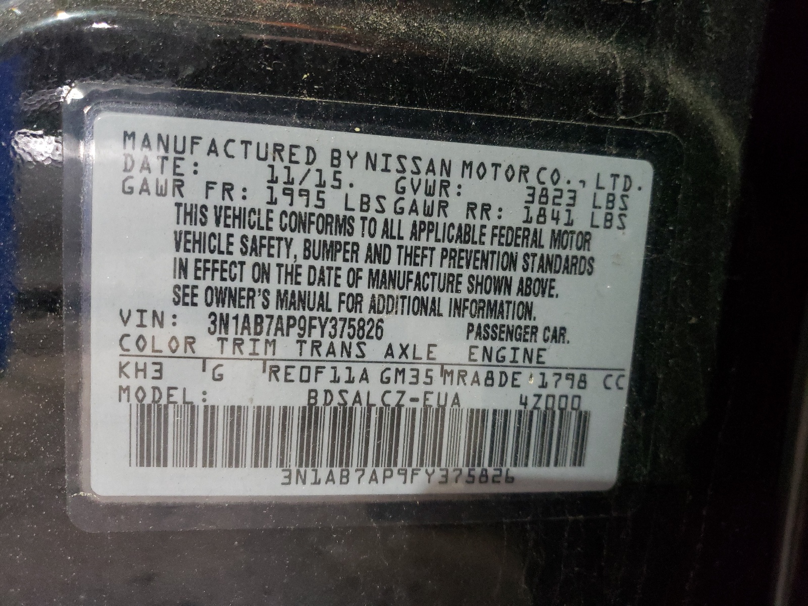 3N1AB7AP9FY375826 2015 Nissan Sentra S