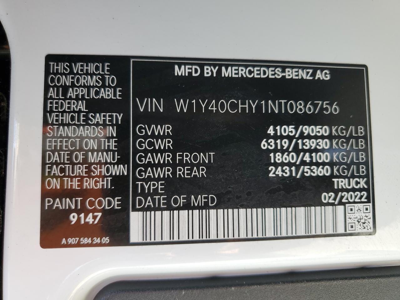 2022 Mercedes-Benz Sprinter 2500 VIN: W1Y40CHY1NT086756 Lot: 58940354